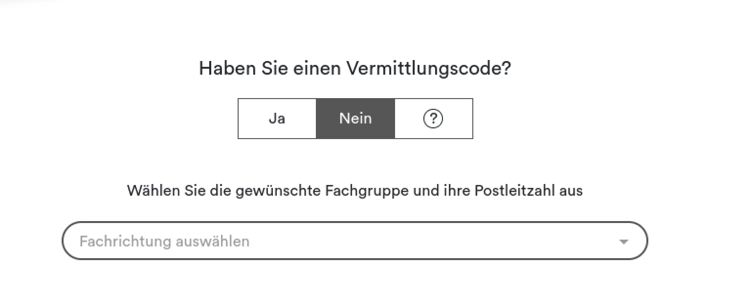 Screenshot E-Terminservice mit Abfrage von Vermittlungscode "Nein" ausgewählt, jetzt öffnet sich ein Feld für Fachrichtung